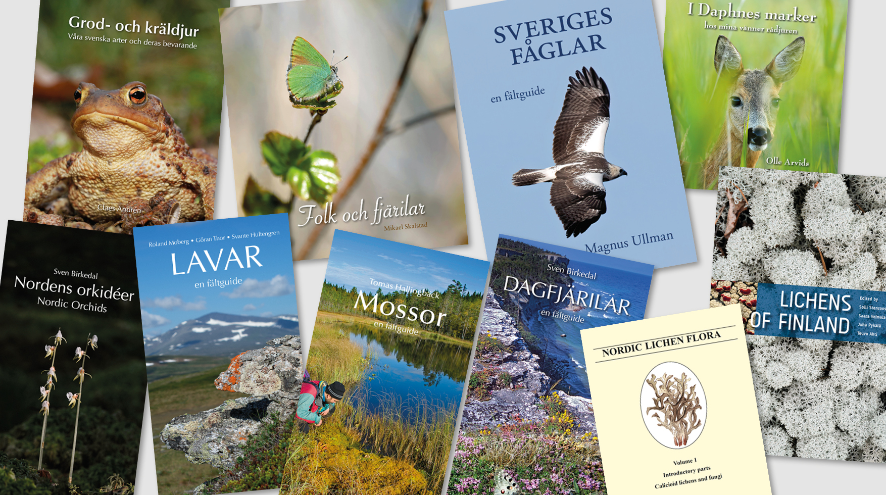 En bild som visar framsidor på 10 böcker som Naturcentrum förlag givit ut.
