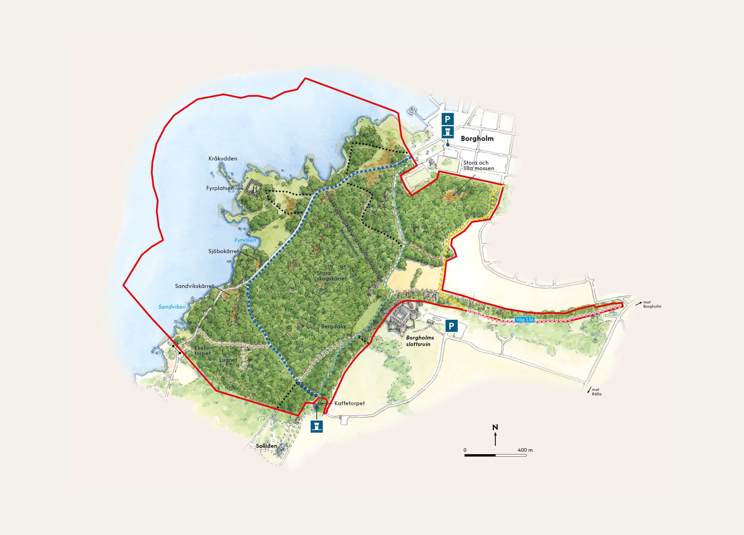 Akvarellkarta som visar naturreservatet Borga hage.